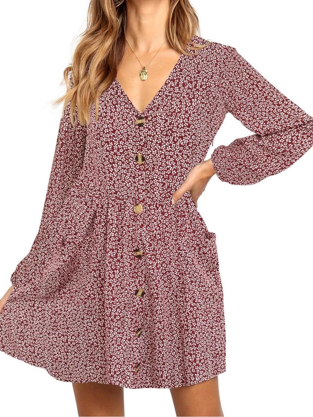 ReoRia Burgundy Floral Button-Front Long Sleeve Dress